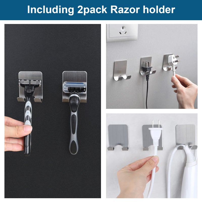 Diesisa Razor Holder for Shower + Adhesive Wall Hooks  Premium 304 Stainless Steel Shower Razor Holder with Heavy Duty Waterproof Sticky Hooks for Hanging Towels  Coat  hat (2+2 Pack) - Image 2